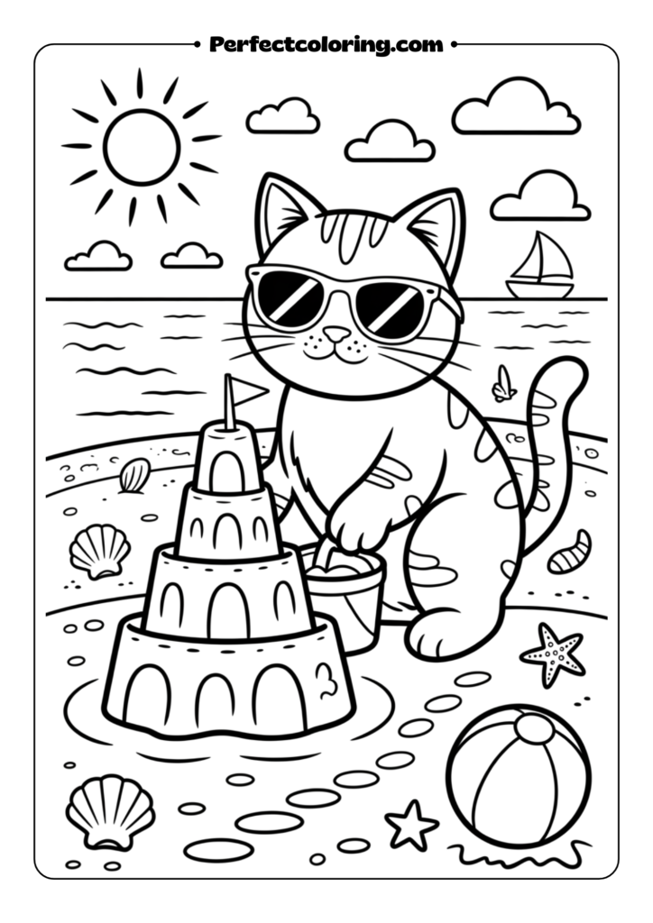 Beach Cat Building Sandcastles