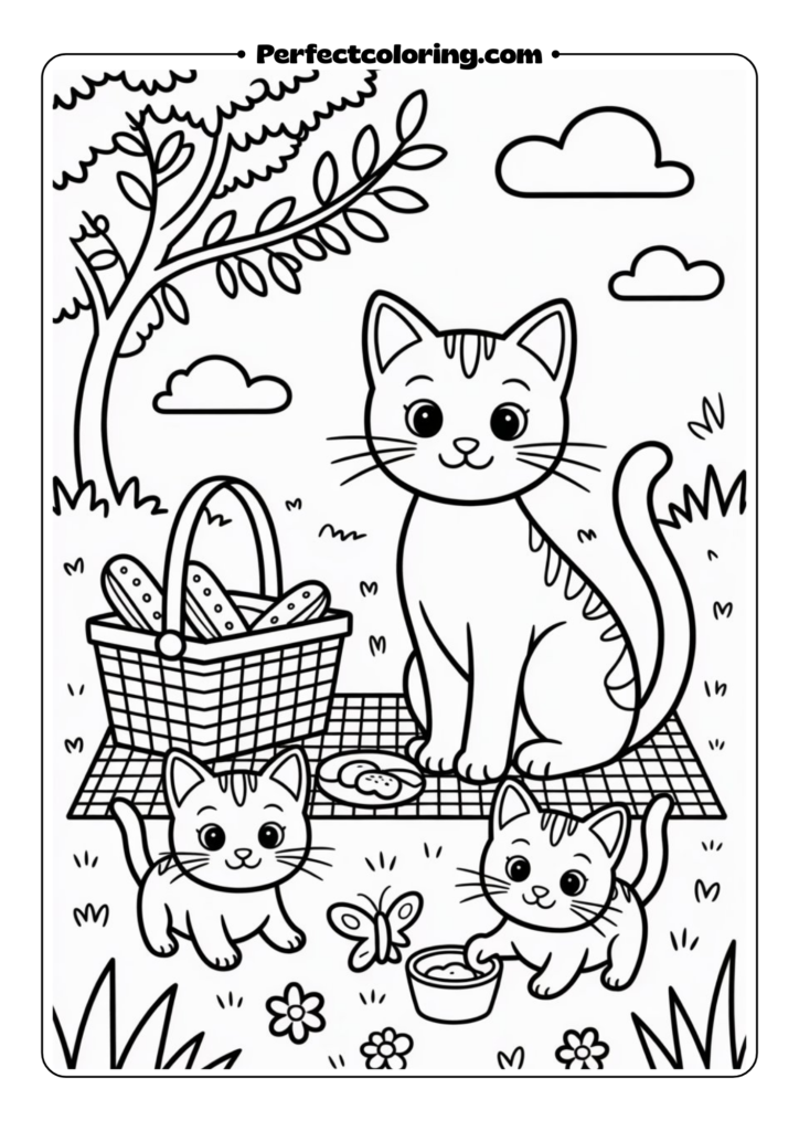 Cat Family Picnic Scene