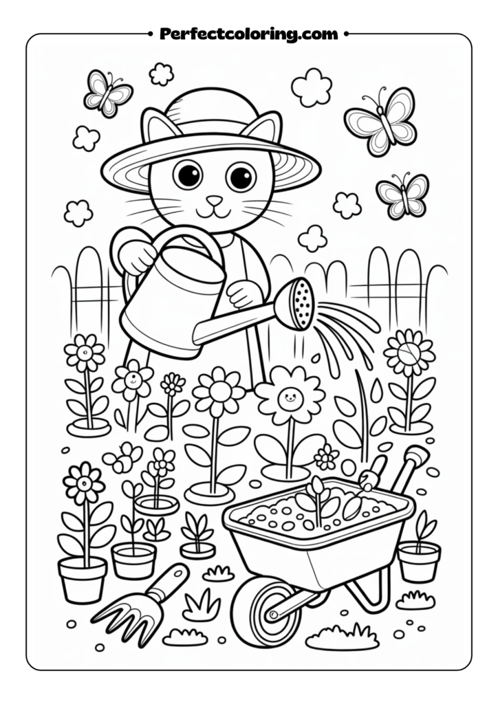 Cat Gardener with Flowers