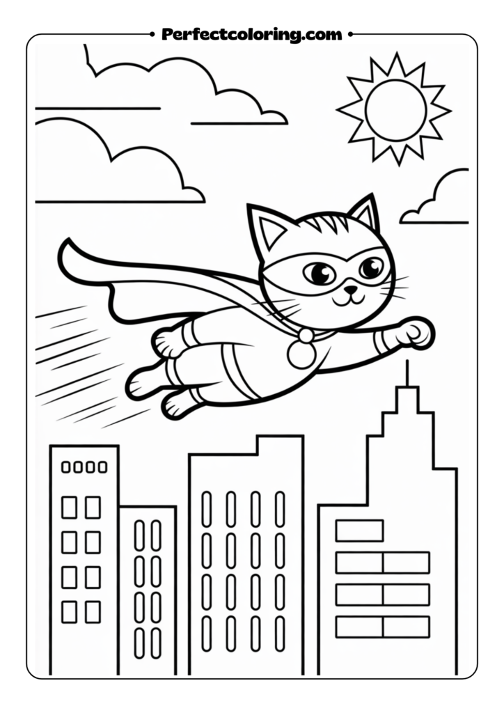 Cat Superhero Flying Through City
