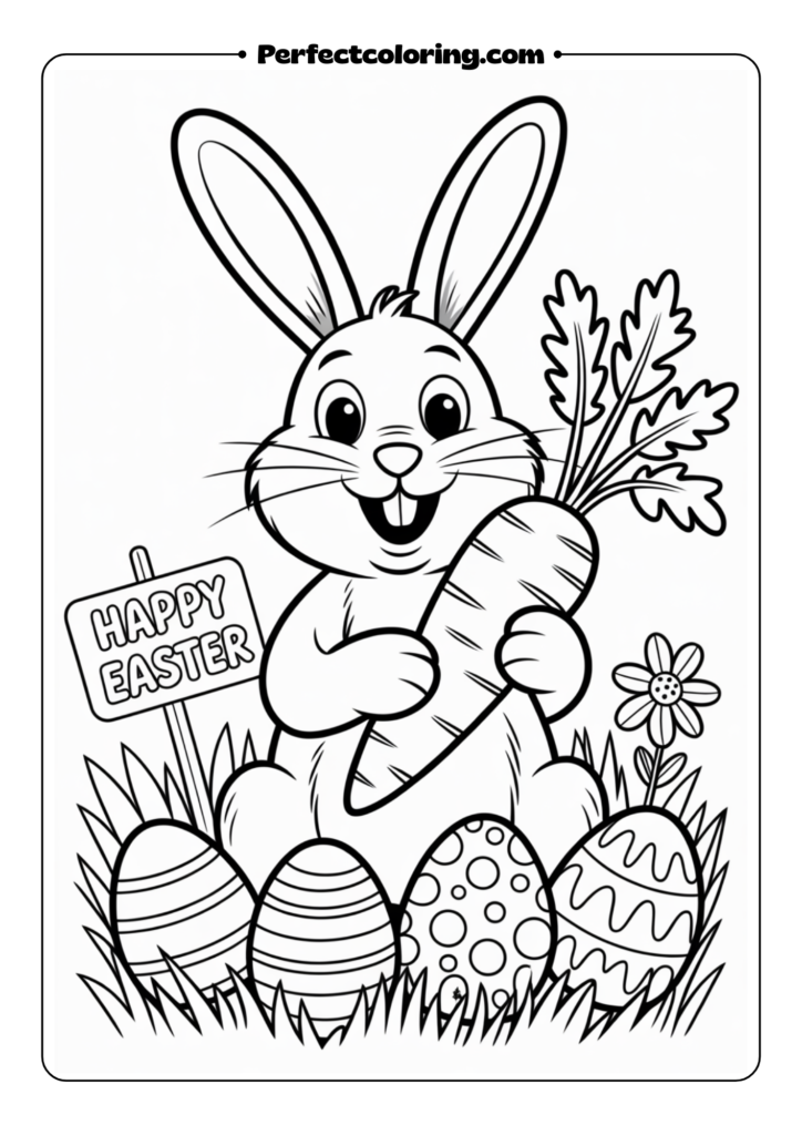 Easter Bunny with Carrot and Eggs coloring pages