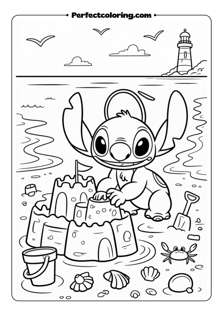 Stitch Building Sandcastle coloring pages