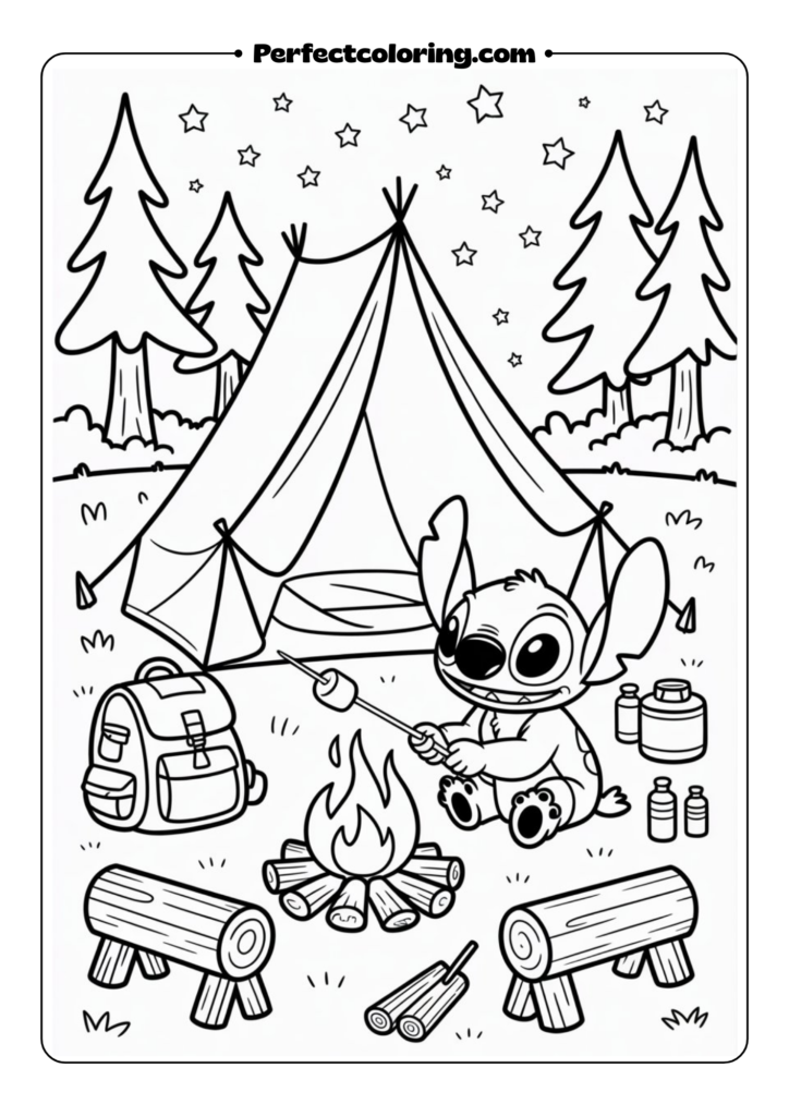 Stitch Camping coloring pages