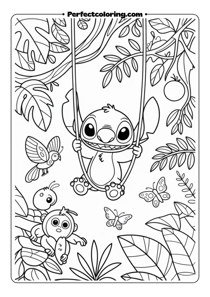 Stitch in the Jungle coloring pages