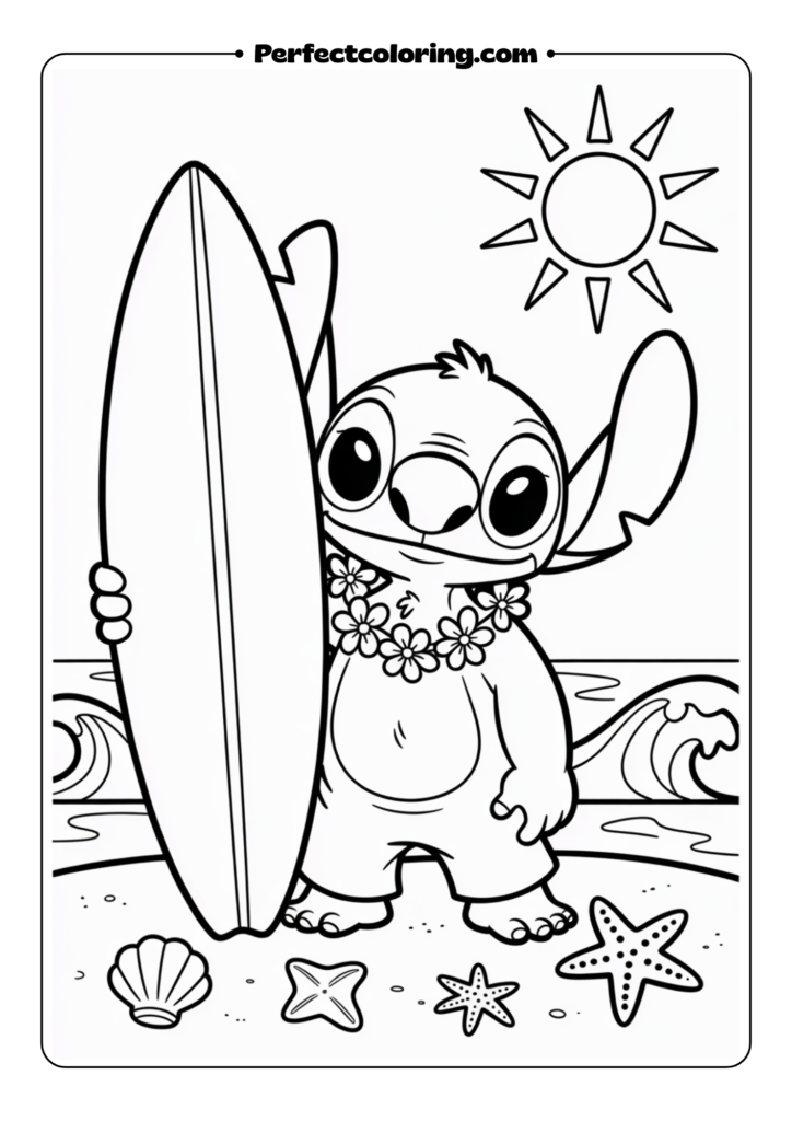 Stitch with Surfboard coloring pages