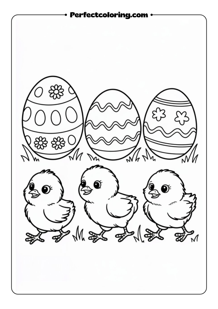 Three Easter Chicks with Eggs coloring pages